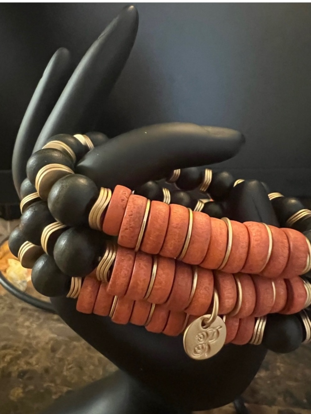 Stacked Beaded Bracelet Set - Black & Terracotta with Charm NWT - Picture 2 of 2